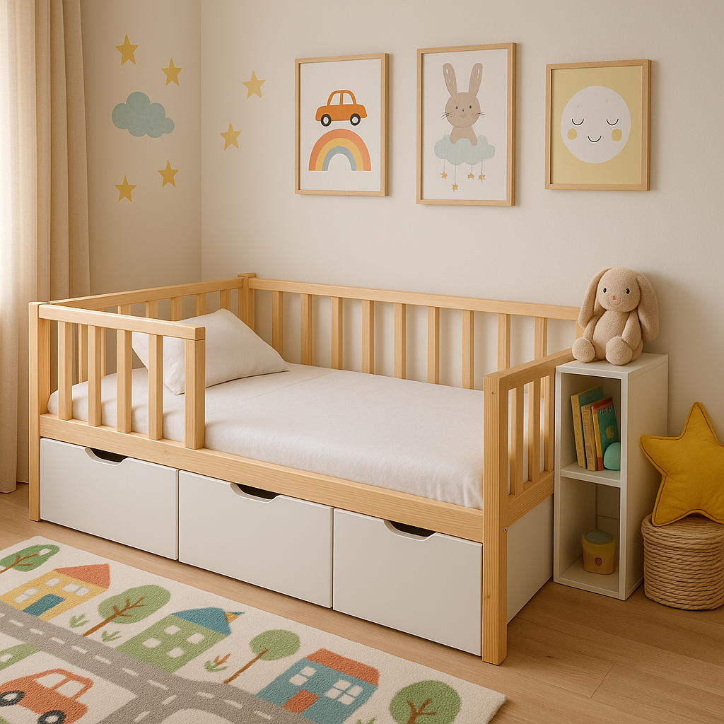 Cama Corral Montessori Natural Transición con Cajones - Muebles Montessori 160x80 cm