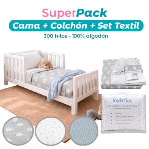 Cama de Transición Blanca + Colchón + Cobertor y Sábanas 300 hilos 100% Algodón (160x80 cm)