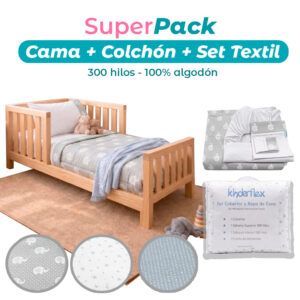 Cama de Transición Natural + Colchón + Cobertor y Sábanas 300 hilos 100% Algodón (160x80 cm)