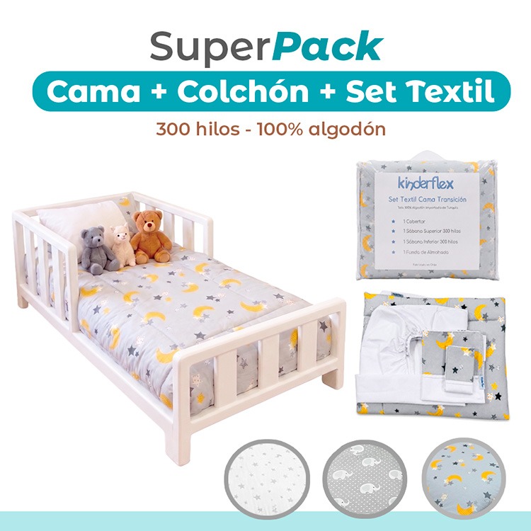 Cama de Transición Blanca + Colchón + Cobertor y Sábanas 300 hilos 100% Algodón (160x80 cm)