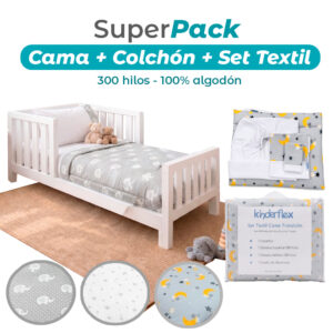 Cama de Transición Blanca + Colchón + Cobertor y Sábanas 300 hilos 100% Algodón (160x80 cm)