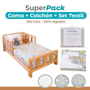 Cama de Transición Natural + Colchón + Cobertor y Sábanas 300 hilos 100% Algodón (160x80 cm)