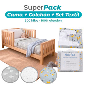 Cama de Transición Natural + Colchón + Cobertor y Sábanas 300 hilos 100% Algodón (160x80 cm)