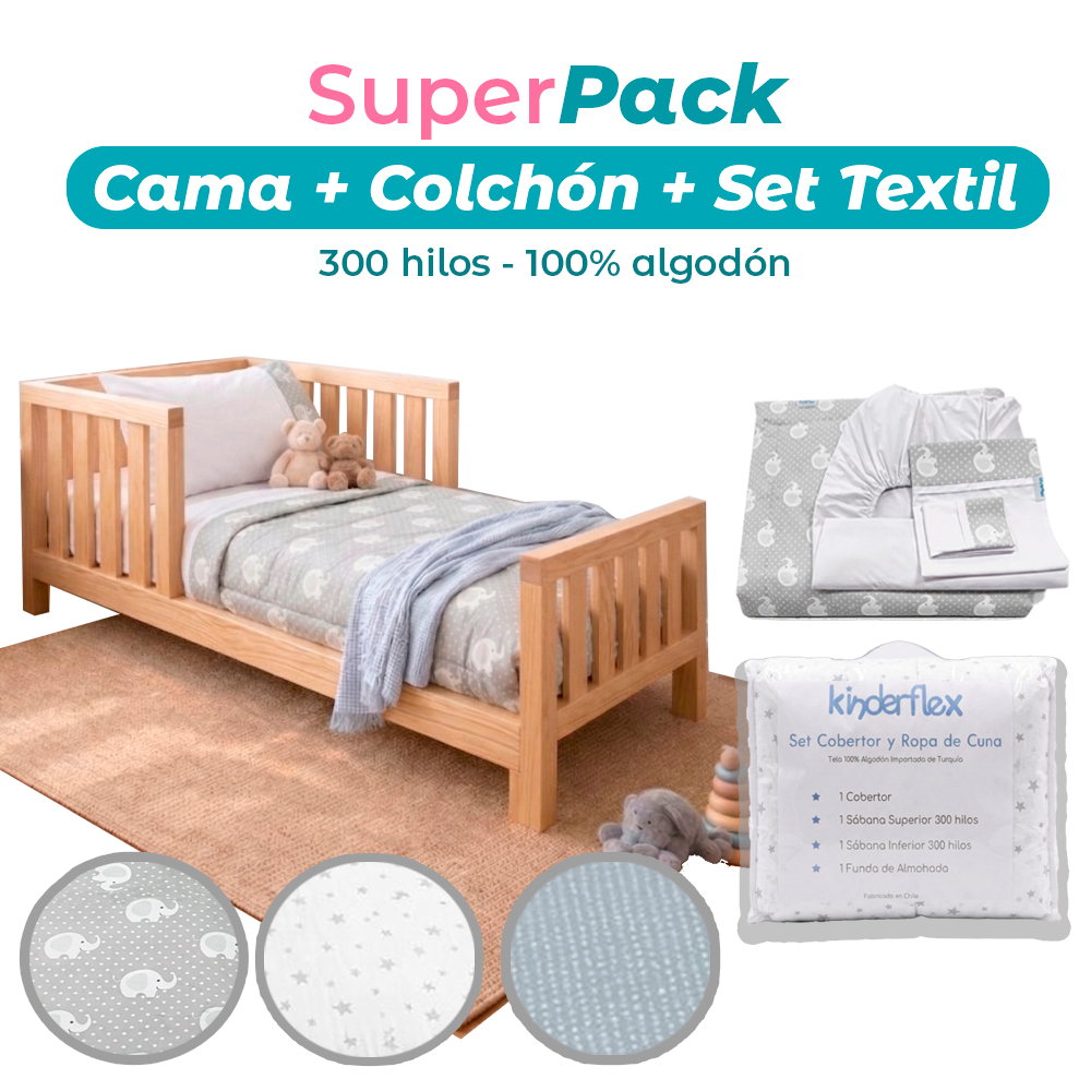 Cama de Transición Natural + Colchón + Cobertor y Sábanas 300 hilos 100% Algodón (160x80 cm)