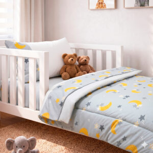 Set de Sábanas Transición + Cobertor Infantil 300 Hilos - 100% Algodón - Diseño Lunas Estrellas