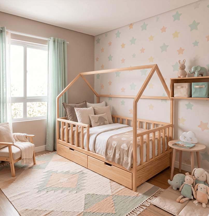 Cama Montessori con Cajones Casita Natural - Camas para Niños - Montessori